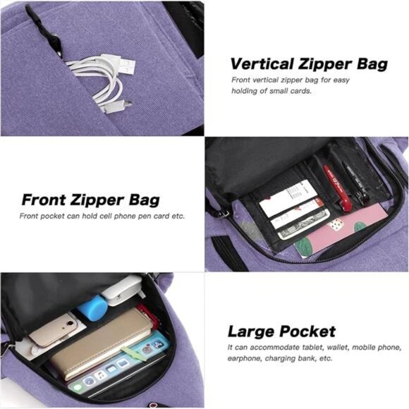 Sling Backpack, Canvas Crossbody Bag Purple - Picture 3 of 5